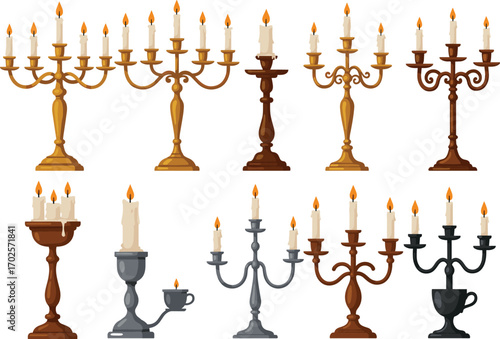 PrintVector illustration of vintage and classic candelabras with burning candles, wax drips, elegant holders, perfect for design and decoration