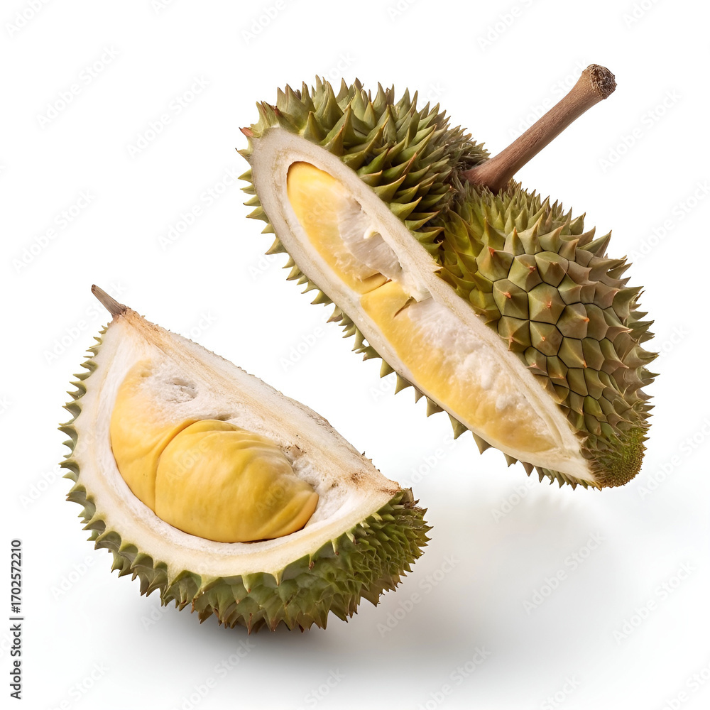 Fototapeta premium A whole durian levitates on a clean white background.