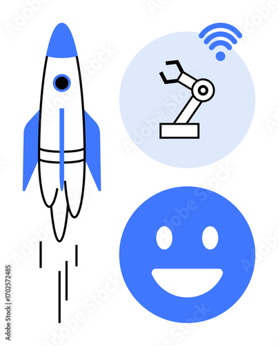 Rocket launching upward, robotic arm with wireless connectivity, and a smiling face. Ideal for technology, innovation, startup culture, automation, connectivity, digital transformation simple