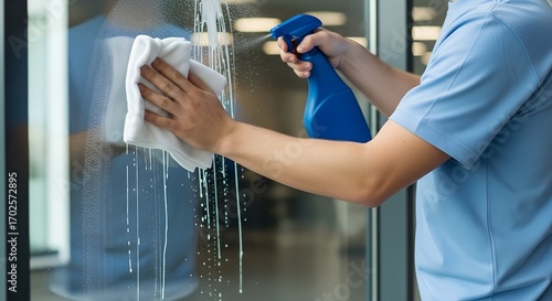 Close-up of a janitorial service worker's hands meticulously cleaning a glass surface with a cloth and spray