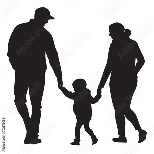 Silhouette of a family with a child walking together, isolated on white background