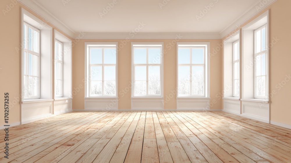Fototapeta premium Spacious Room with Wooden Floor and Natural Light, Ideal for Interior Design Mockups and Real Estate
