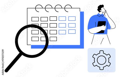 Magnifying glass over calendar, man thinking while holding clipboard, gear icon representing settings. Ideal for planning, productivity, scheduling, problem-solving, analysis, management simple