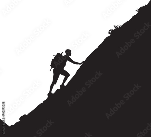 Silhouette of a person with a backpack climbing a steep mountain slope woman hiker