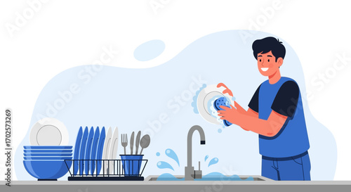 Person Washing Dishes: A Clean Kitchen And Household Chores Illustration