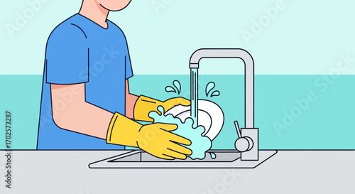 Person Wearing Gloves Washing a Dish in the Kitchen Sink Cartoon Illustration