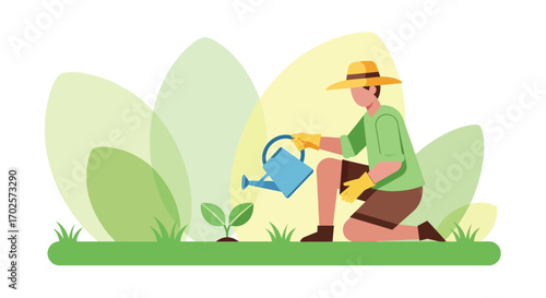 Person Watering a Young Plant in the Garden with a Water Can and Using Gardening Gloves