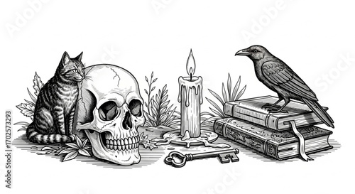 The Vintage Black and White Engraving of Skull, Crow, Cat, Candle, Book, Key, and Poison