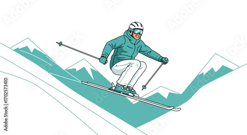 Skier Enjoying Snowy Mountain Descent Depicted In Vivid, Vibrant, And Dynamic Illustration Style