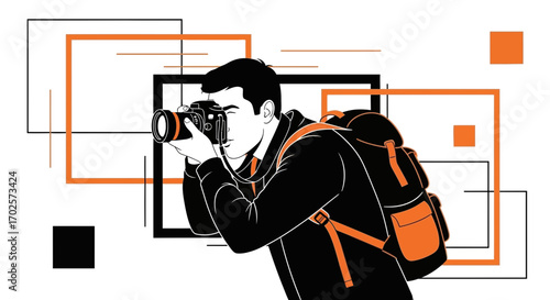 Photographer Capturing A Moment With Camera And Stylish Backpack Minimalist Design