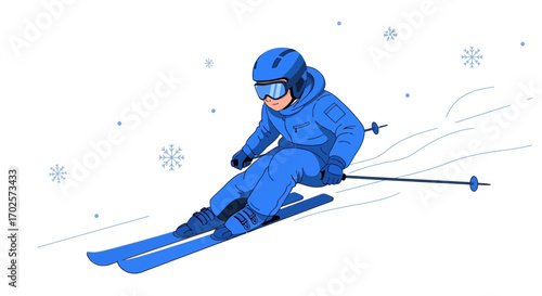 Skier Descending Snowy Slope, Sporting Winter Outfit, Enjoying Cold Weather Adventure