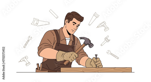 Skilled Carpenter Using Hammer and Nail, Crafting Wood with Precision and Care