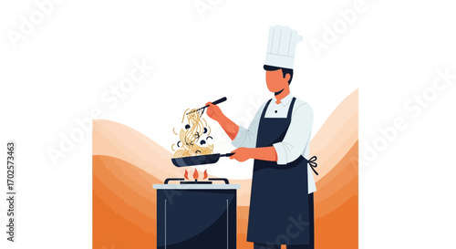 Skilled Chef Preparing Delicious Pasta Meal In A Vibrant Kitchen Setting