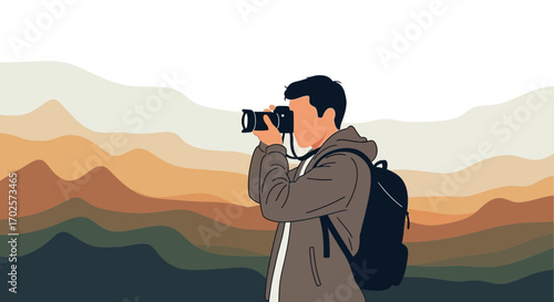 Photographer Capturing Dramatic Landscape With Mountain Silhouette And Backpack Illustration
