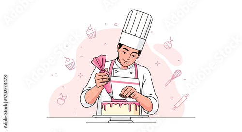 Skilled Chef Icing Cake with Flair, Crafting Delicious Treats for Culinary Delights