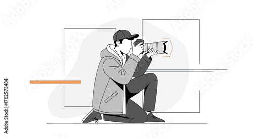 Photographer Capturing A Moment, Minimalist Vector Illustration, Concentrated on Composition