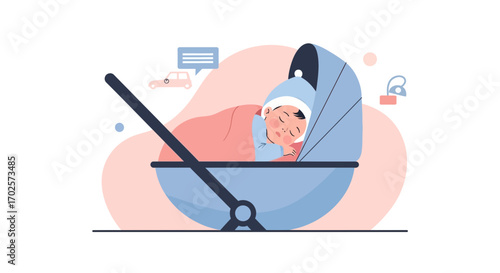 Sleeping Baby In A Stroller With Minimal Designs, Colorful Artwork, And Clean Lines