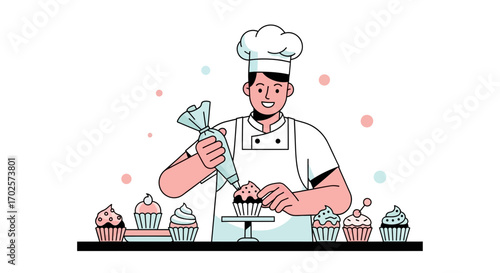 Smiling Baker Decorating Exquisite Cupcakes For Confectionary Delight and Sweet Temptation