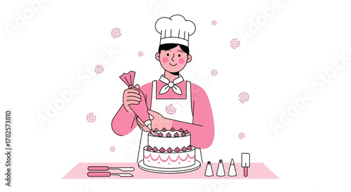 Smiling Baker Decorating A Cake Creating Delicious Sweet Dessert For Special Occasion