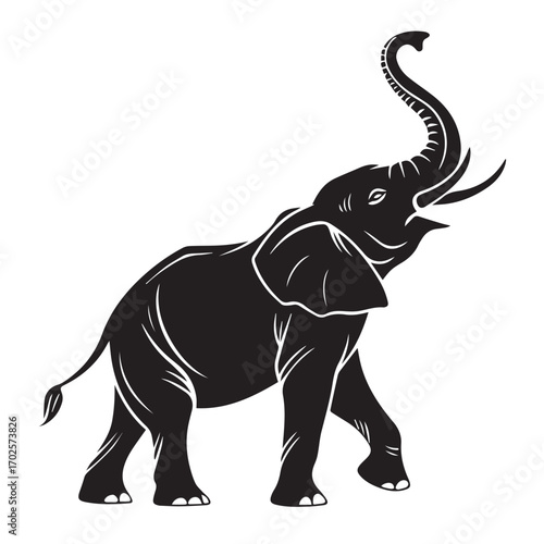 Silhouette of an african elephant with its trunk raised, isolated on a white background