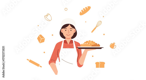 Smiling Baker Holding Fresh Bread, Baking Illustration With Kitchen Utensils And Elements