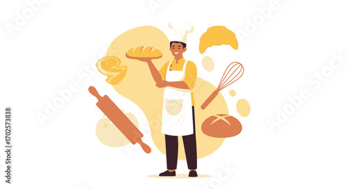 Smiling Baker Holding Freshly Baked Bread with Pastry Elements and Cooking Tools