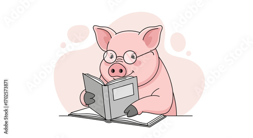 Pig Wearing Glasses Is Reading a Book: Cute Cartoon Illustration for Educational Resources
