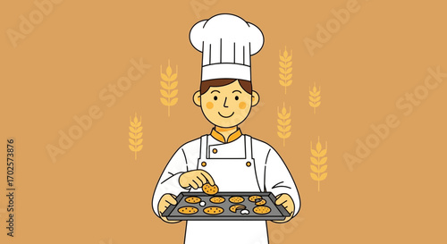 Smiling Baker Presenting Freshly Baked Cookies On A Baking Tray With Wheat Designs
