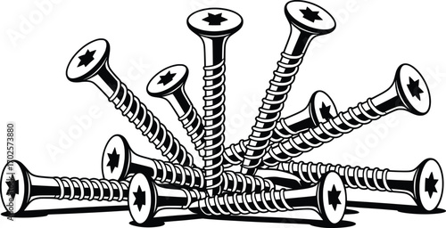 Metal Screws Vector, Hardware Fasteners Illustration.