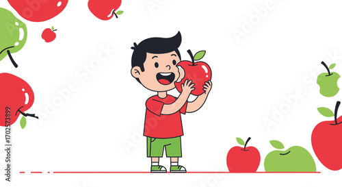 Smiling Boy Holding And Enjoying A Large Shiny Red Apple With Other Apples Around