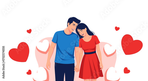 Smiling Couple Hold Hands, Celebrating Love, In Front Of Floating Hearts