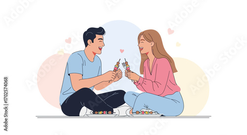 Smiling Couple Enjoying Skewers and a Moment of Happiness Together Celebrating Joy