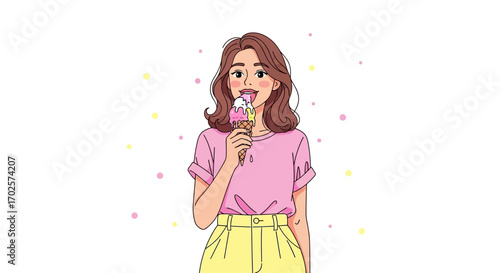 Smiling Girl with Ice Cream Cone, Enjoying Refreshing Sweet Treat in Summer Heat