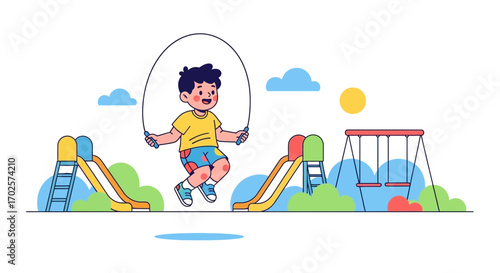 Playful Child Jumping Rope in a Vibrant Playground Illustration, Smiling and Active