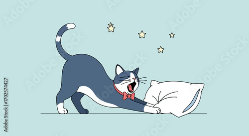 Playful Feline Yawning Beside Cushion Under Stellar Embellished Blue Hued Backdrop