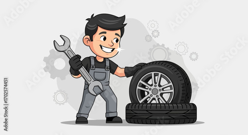 Smiling Mechanic With Wrench And Wheel Tires, Illustration Of Vehicle Maintenance Shop
