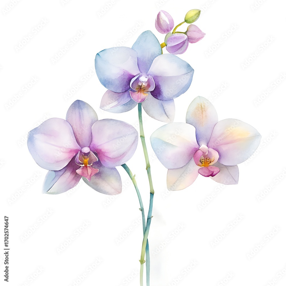 Fototapeta premium Watercolor Painting of Three Delicate Light Purple and Blue Orchids flower floral