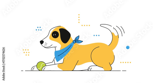 Playful Pup with Tennis Ball Ready and Animated in Cartoon Design Style