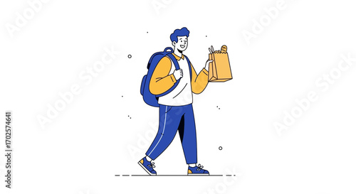 Smiling Person With Backpack And Groceries Depicted In A Modern Illustration