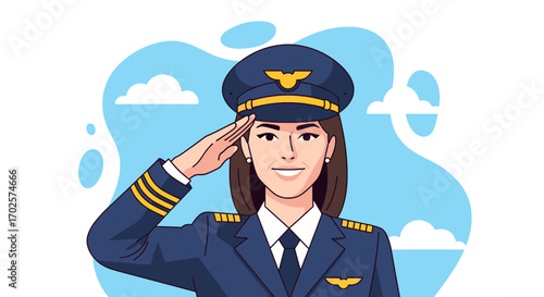 Smiling Pilot in Uniform Saluting Against Sky Background Vector Illustration