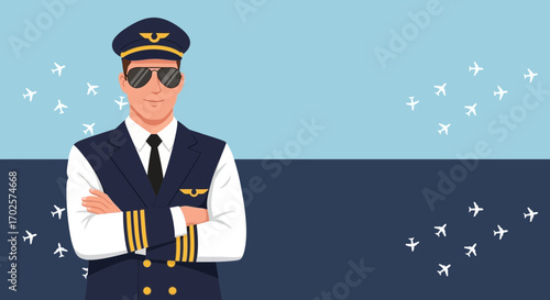 Smiling Pilot in Uniform with Airplanes Flying in the Sky Ready for Takeoff