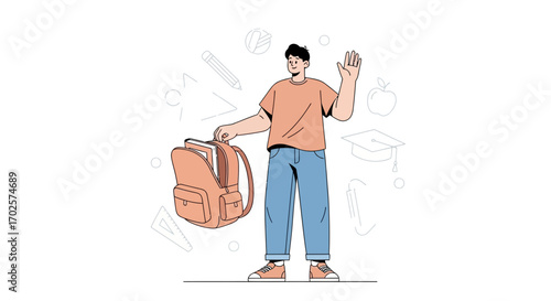 Smiling Student Welcomes With a Hand Gesture While Holding A Backpack Back To School