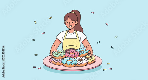 Smiling Woman Displaying Donuts On Plate Is A Delightful Bakery Sweet Treat Illustration