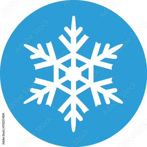 White Snowflake Icon on Blue Circle Background for Winter or Cold Concepts