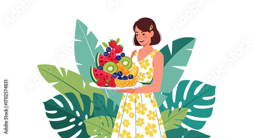 Smiling Woman Holding A Plate Of Fresh Fruits, Surrounded By Greenery, Summer Design