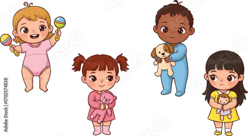 Cute cartoon illustration of happy babies in colorful clothes holding toys, teddy bears, rattles, and stuffed animals with playful expressions