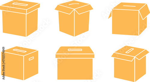  collection of donation boxes, featuring various shapes and sizes, perfect for illustrating charity, fundraising, and community support initiatives in a clean and minimalist style