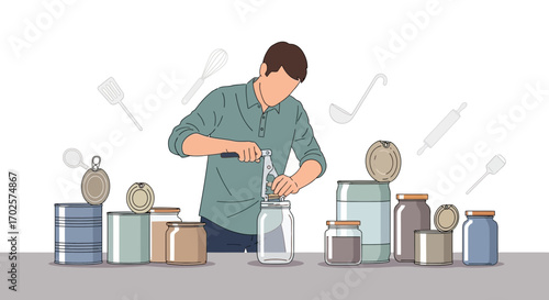 Preparing Preserved Goods: Man Opening a Jar in Preparation Setting, Flat Style Illustration