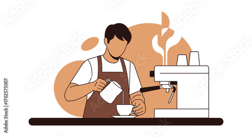 Professional Barista Crafting Fresh Coffee in Modern Cafe Illustration Style
