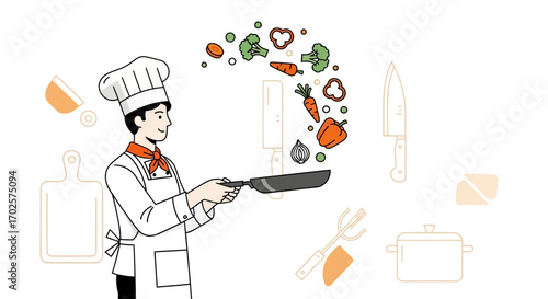 Professional Chef Culinary Skill Displaying Vegetable Cooking Techniques in a Clean Kitchen